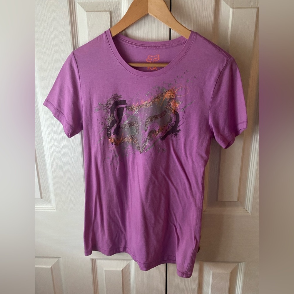 FOX RACING Orchid Purple Glitter‎ Graphic Round Neck Short Sleeve T-Shirt M